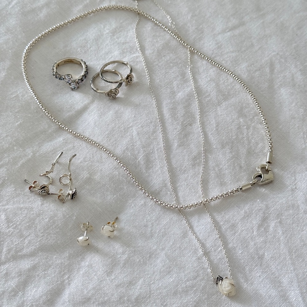 Pandora Silver Necklace with Heart and Pearl Accents